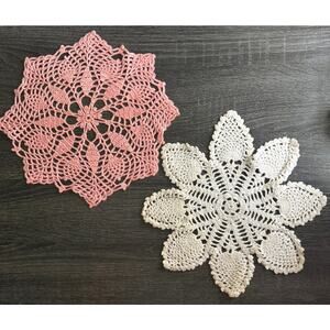 Lot‎ Of 2 Handmade Crotched Doilies Pink And Cream White